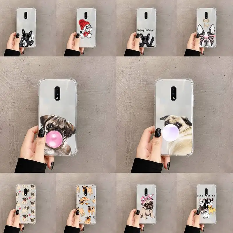 

Cute dog puppy Pug Bulldog blowing balloon Phone Case Transparent For OnePlus MEIZU MEITU M 7 8 9 16 17 T PRO XS moible bag