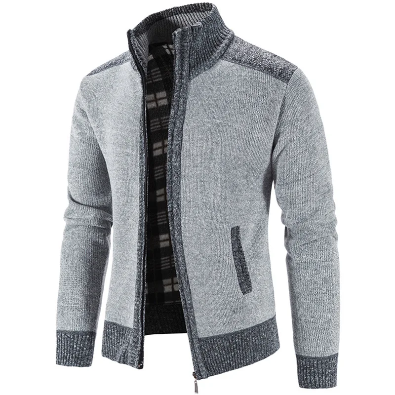 

New Men's Sweater Coat Fashion Patchwork Cardigan Men Knitted Sweater Jacket Slim Fit Stand Collar Thick Warm Cardigan Coats Men
