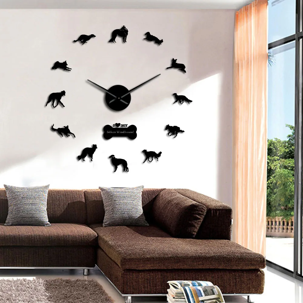 

Silken Windhound DIY Wall Clock Dog Lover Home Decor Dog Breed Mirror Effect Big Time Clock With Acrylic Sticker For Living Room