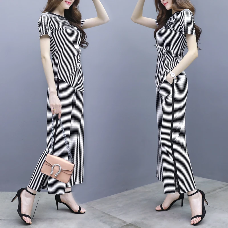 Полосатый широкий брючный костюм 2019 Весна и лето женский новый темперамент