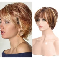 XUANGUANG Bobo Style Natural Synthetic Straight Short Gradient Layered Golden Brown Mixed Wig with Bangs Women Cosplay Wig