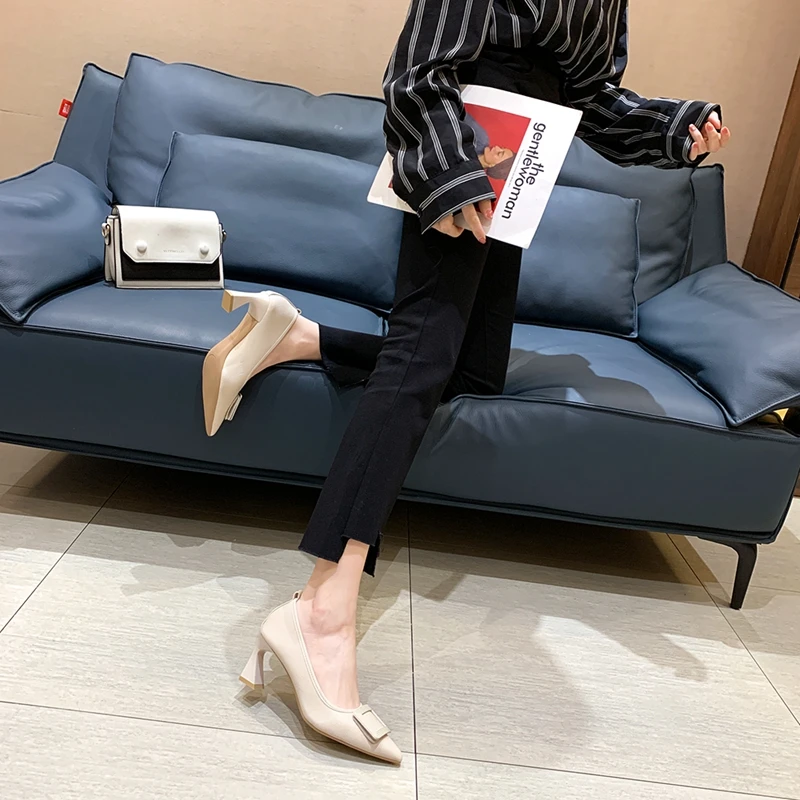 

ELLALEE Women High Strange Style Shoes Shallow Slip-on Elegant Sexy Square Button Mature Handmade Office Ladies Shoes