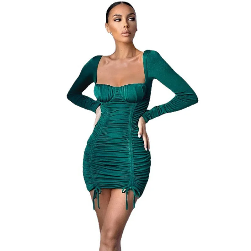 

New Ruffled Skinny Slim Low-cut Sexy Dresses Square Collar Long Sleeves Green Womens Clothing
