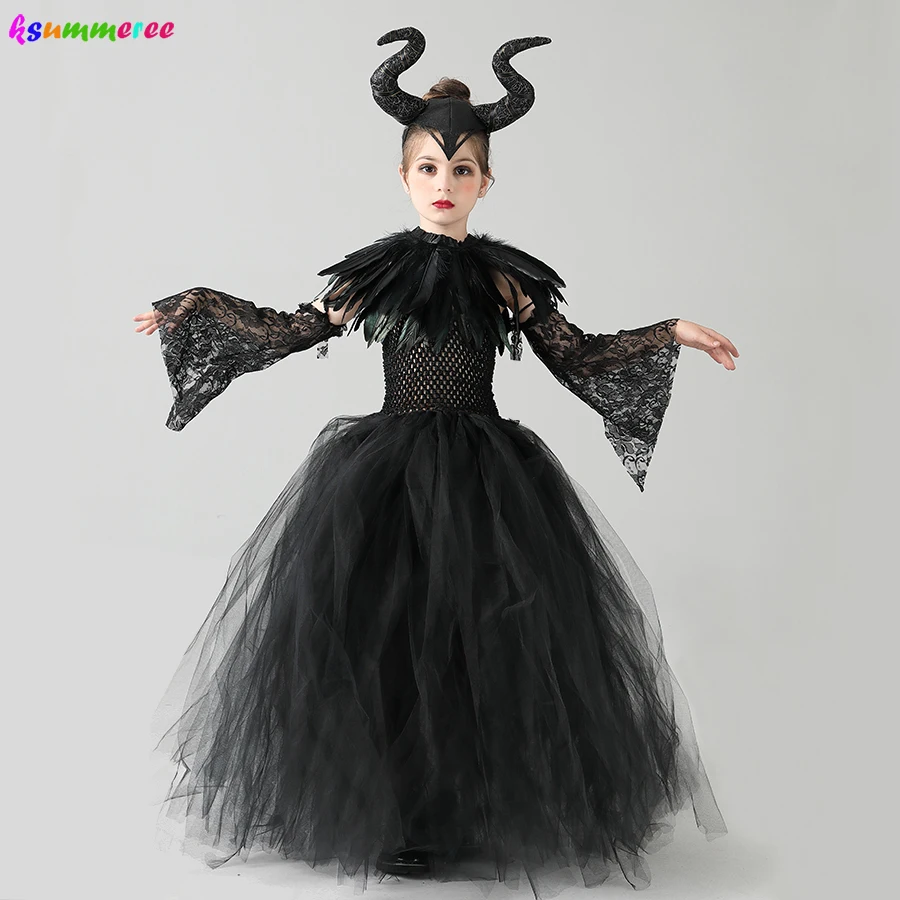 Girls Halloween Evil Witch Black Gown Tutu Dress with Feather Shawl Victorian Kids Dark Queen Villain Cosplay Fancy Costume