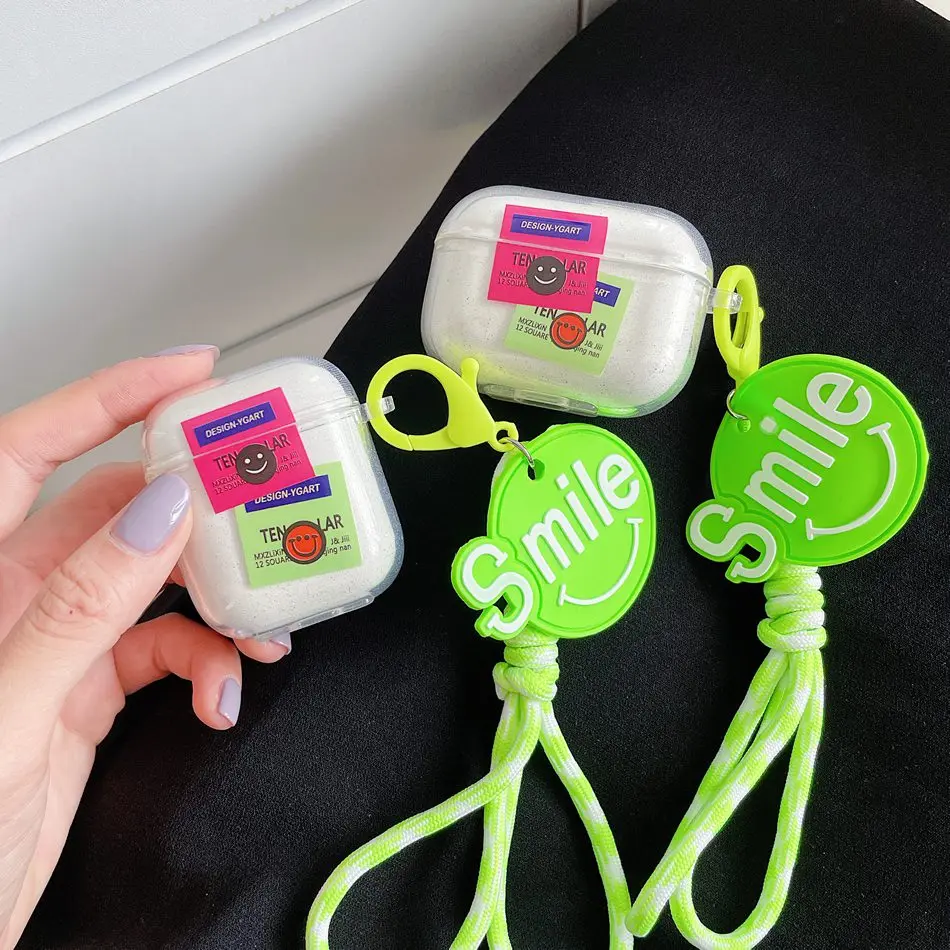 

Earphone Case For AirPods Fashion Label Glitter Earphones Cover For AirPods 2 3 AirPods Pro Soft Protect Shell with Smile Chain