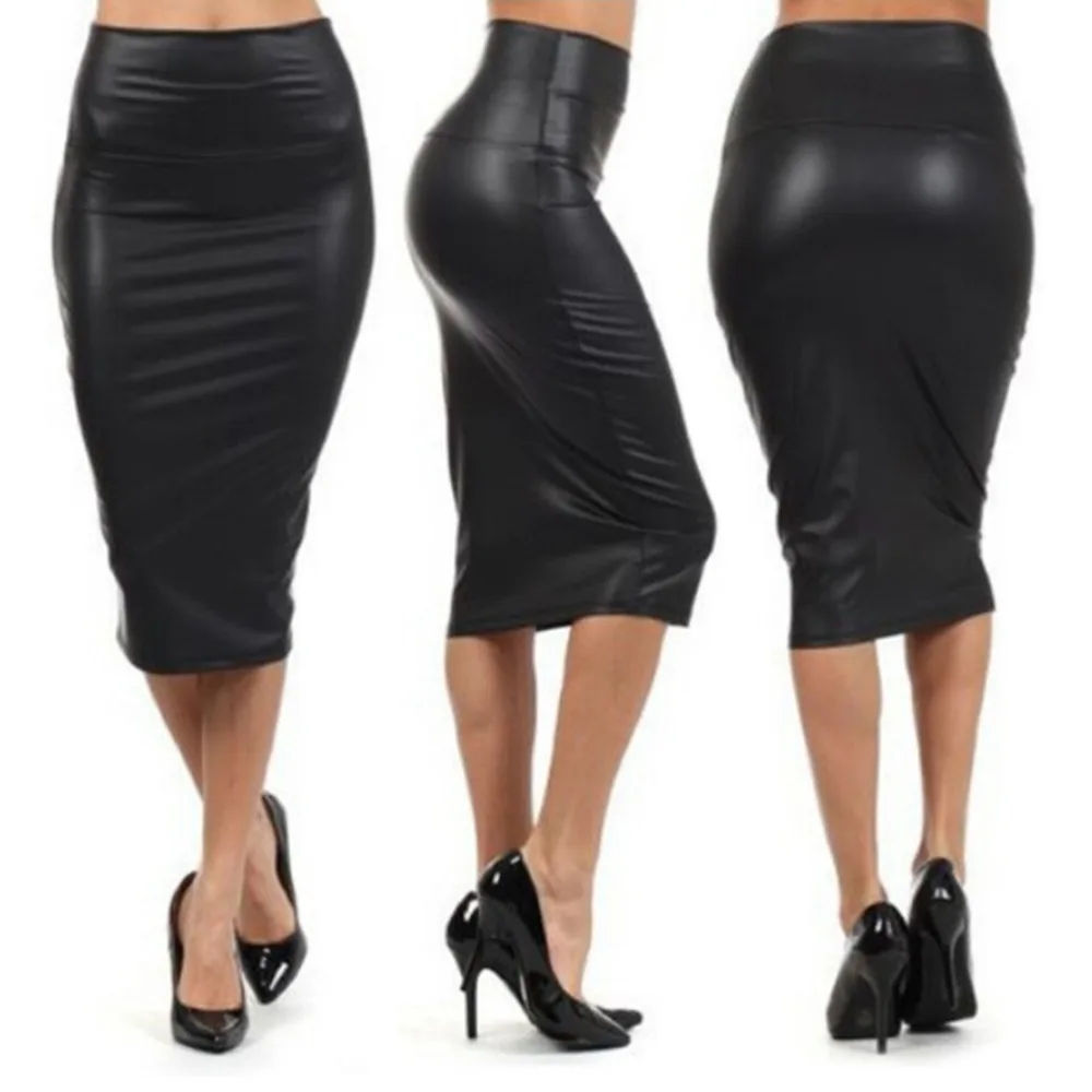 

Plus Size Spring Autumn Winter Black Color High Waist Pencil Skirts Sexy Club Vintage Midi Skirt Women PU Leather Midi Skirt