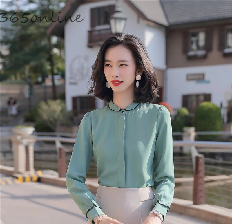 Женская блузка с длинным рукавом элегантная зеленая офисная для работы топы