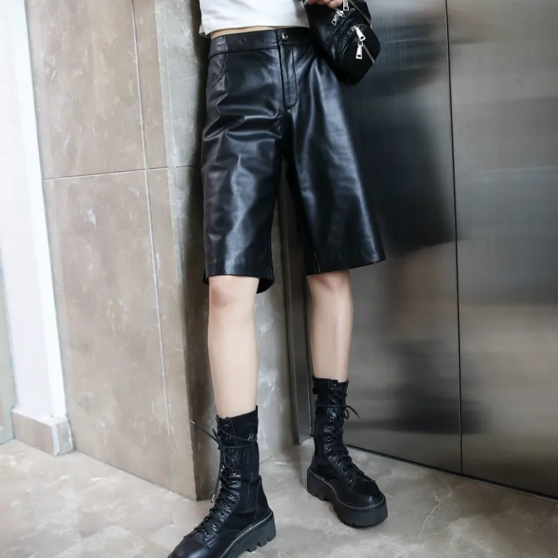 

Trousers Knee Length Spring Women High Waist Sheepskin Genuine Leather Shorts Punk Black Casual Straight Bikers Shorts Female