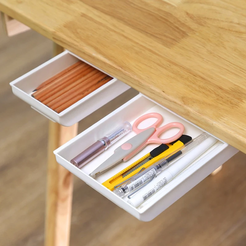 

1 Pcs Self-adhesive Hidden Table Under Paste Plastic Desk Organizer Memo Pen Stationery Storage Box Case Desk Drawer Divider