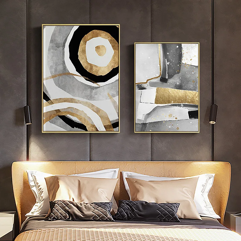 

Modern Abstract Canvas Painting Golden Black White Wall Art Decoration Picture Ink Poster Print for Living Room Bedroom Home