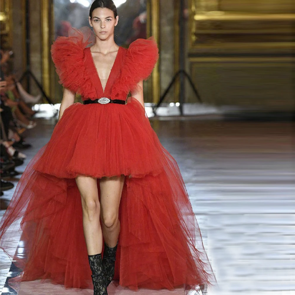 

Женское длинное вечернее платье, красное фатиновое платье с глубоким V-образным вырезом и оборками, для выпускного вечера,