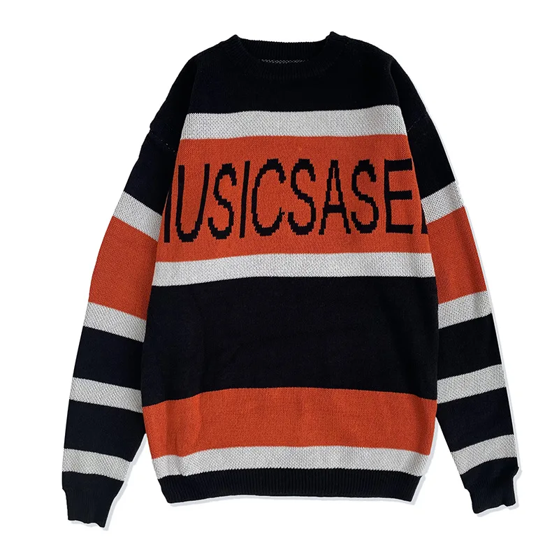 

Autumn Winter Round Neck Sweater Male Hong Kong Style Color Matching Letter Printed Loose Korean Sweater Harajuku Sueter Hombre