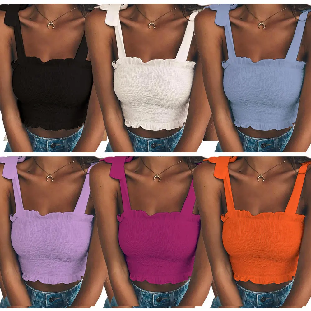 

2021 New Summer Autumn Tube Crop Top Women Bow Tie Strap Ruched Tank Top Lettuce Edge Elastic Camis Tops 11 Colors