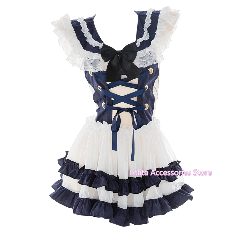 

Lolita Lace Perspective Backless Hollow out Cross Bandage Sailor Collar Uniform Short Skirt Suit Sexy Nightdress Underwear Set