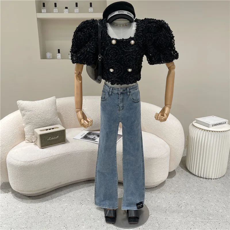 

Women's Spring Summer 2021 Niche Design Fashion Crochet Square Neck Bubble Sleeve Shirt Double Breasted Short Sleeve Top