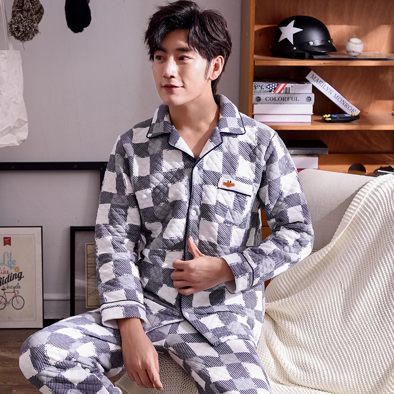 

Winter Warm Long Cotton Padded Men's Pyjamas Checked Pajamas Set Casual Sleepwear Pyjamas Nightwear Pijamas Size XXXL Homewear