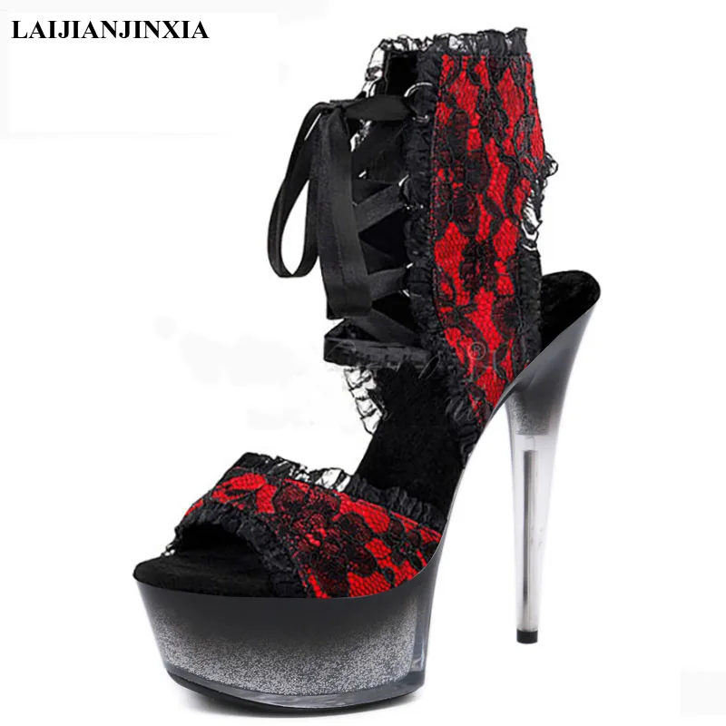 

New Ankle Strap Open Toe Stripper Heels Super Sexy Pole Dance Shoes Show 15 Cm High Heels Platform Models Party Women Sandals