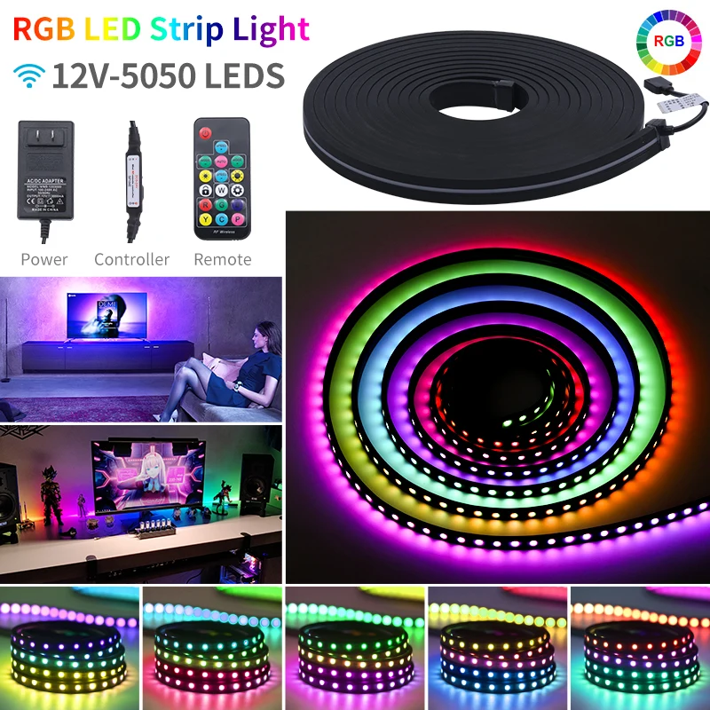 LED Lights 5m RGB 5050 SMD Flexible Waterproof Muti-Color Led Strip 12v Black Silica Gel Neon Light Band with Remote Control
