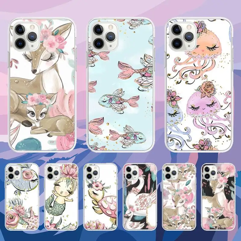 

Cute Deer Mermaid Turtle Swan Art Phone Case For Iphone11 12 Pro Max SE 2020 6s 7 8 Plus X Xs Max Xr Transparent Soft Cover