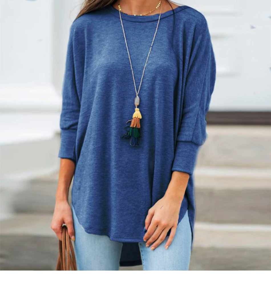 Solid Black Shirt Woman Casual Cotton O Neck Women's Tops And Blouses Three Quarter Sleeve Irregular Women Blouses Tunic Autumn