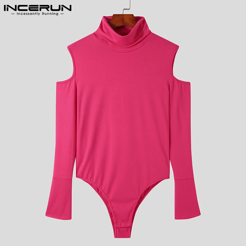 INCERUN Men Solid All-match Simple Loungewear Onesies Family Shoulder Cut-out Sexy Leisure Long-sleeved Triangle Jumpsuit S-5XL