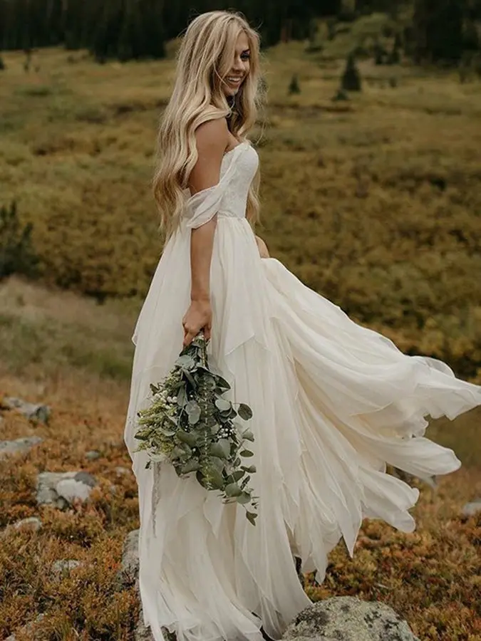 2020 New Off-The-Shoulder Top Lace Beach Wedding Dresses Summer Bridal Gown Bohemian Gowns robe de mariage | Свадьбы и торжества