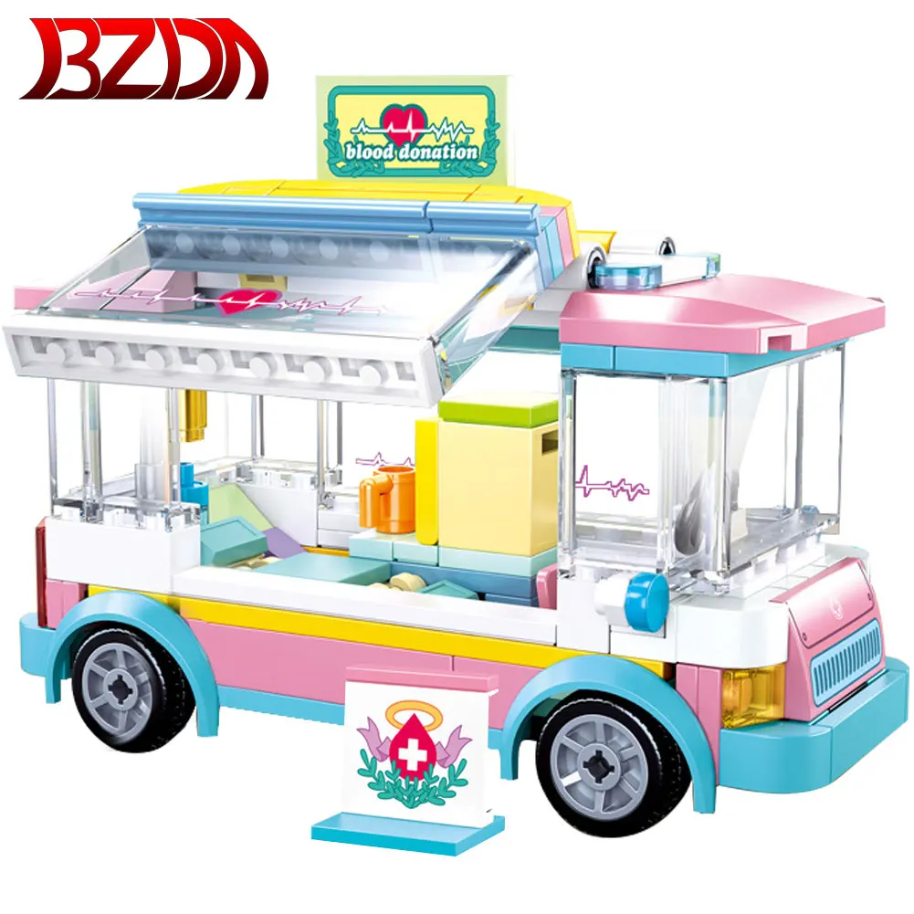 

BZDA Friends City Pink Ambulance Bus ideas Building Blocks MOC Battlefield Medical Car Bricks Toys For Gifts Friends For Girl