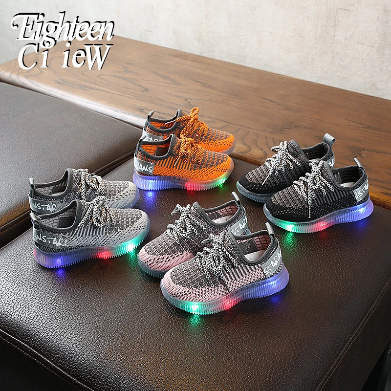 

Size 21-30 Kids Shoes for Glowing Mesh Children Boys Luminous Sneakers Light Up Shoes Breathable Soft Bottom Sneakers