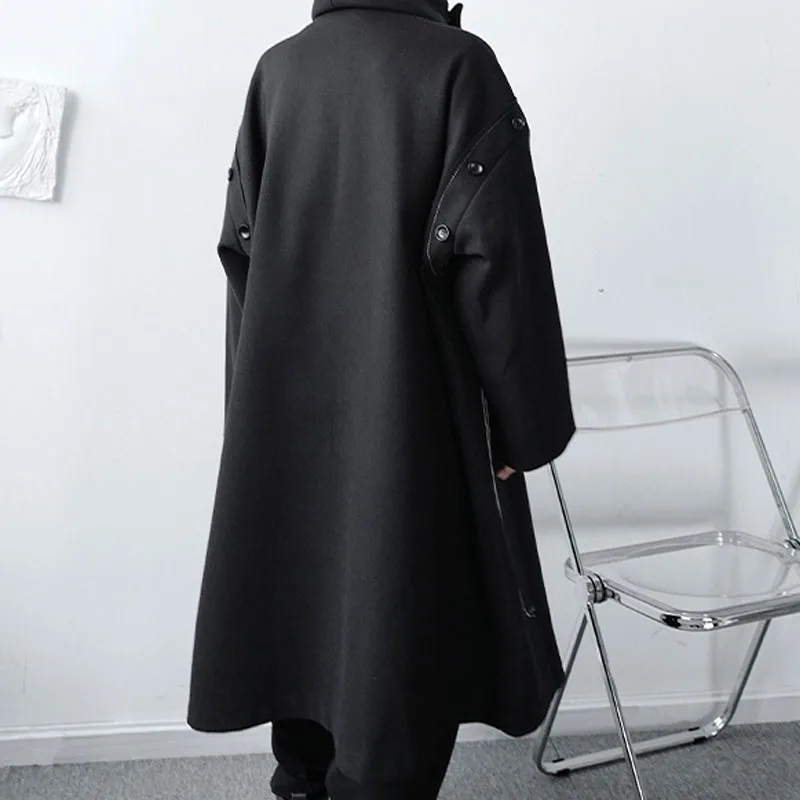 

New Male Japan Streetwear Black Wool Cardigan Jacket Overcoat Men Autumn Winter Woolen Long Trench Coat Outerwear