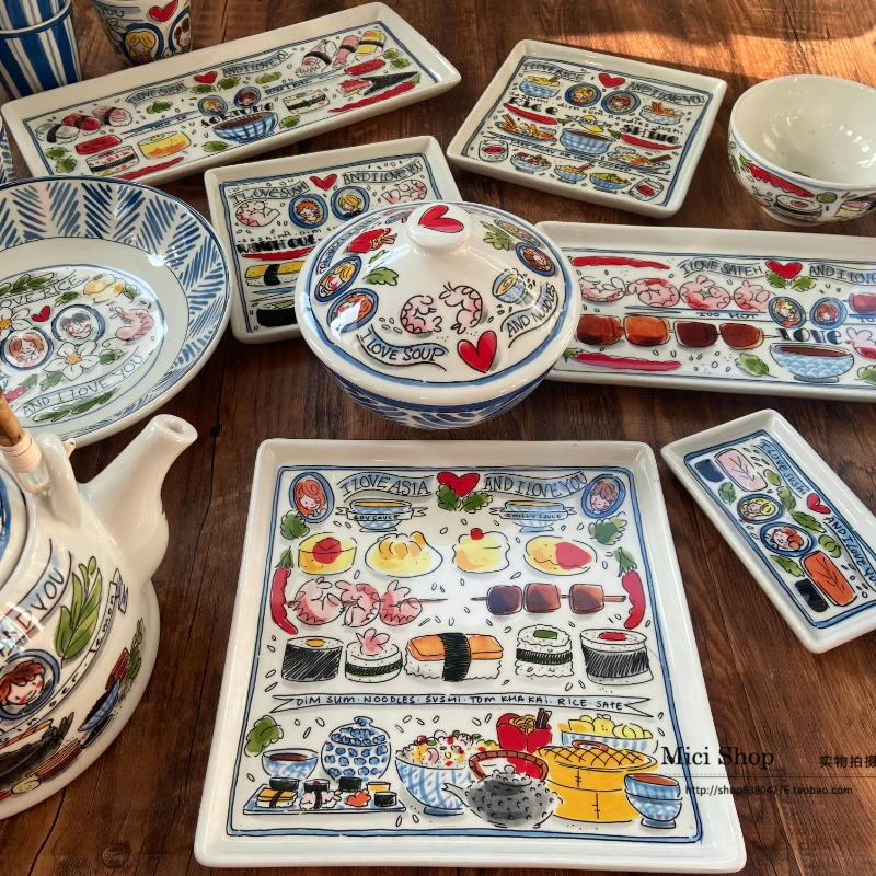 

Блюз из мультфильма, Голландская азиатская серия, посуда, керамический чайник, чашка, миска, тарелка для салата, миска для лапши быстрого при...