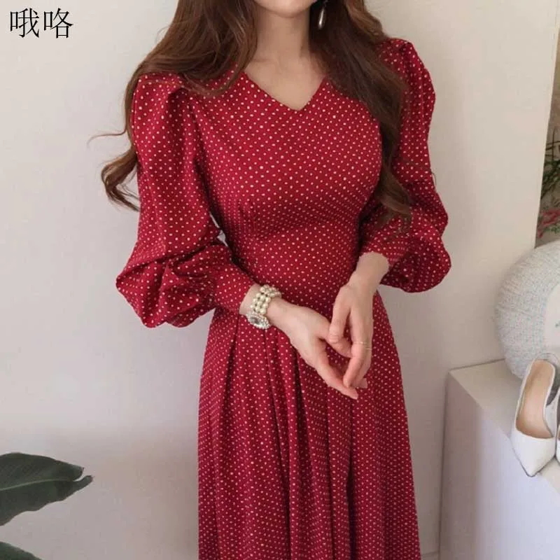 

Elegant Vintage Women'S Polka Dot Print Dress Korean Fashion Slim Long Sleeves V-Neck Spring Autumn Dresses 2021 One-Piece Dress