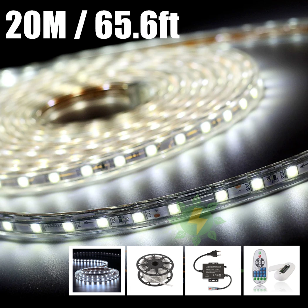 

220V 240V 20m 65ft Super Bright Waterproof Diode Cold White Felxible Ribbon Led Light Strip lamp Lights Bar Tape 5050SMD