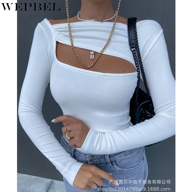 

WEPBEL T-shirt Women's Sexy Slim Solid Color Hollow Out T-shirt Autumn Fashion Long Sleeve Off Shoulder Slash Neck T-shirt