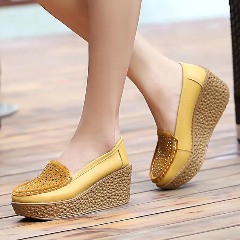 

2020 Women Genuine Leather Wedge Platform Shoes Ladies Slip on Crystal Flat Shoes High Heel Thick Sole Shallow Casual Shoes NEW