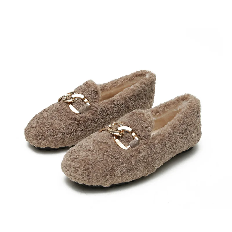 

Chain lambswool flats moccasins femme slip on plush winter ladies shoes curly furry loafers women creepers zapatos plus size 43