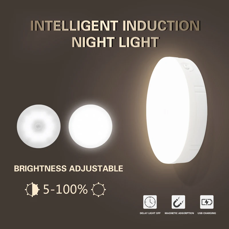 PIR Motion Sensor LED Night Light USB Rechargeable Dimmable Lamp for Bedroom Kitchen Cabinet Wireless Closet | Лампы и освещение