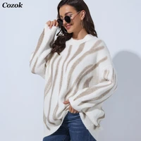 2021 autumn fashion elegant tie dye knitted sweater women striped print o neck loose pullovers batwing long sleeve jumper tops