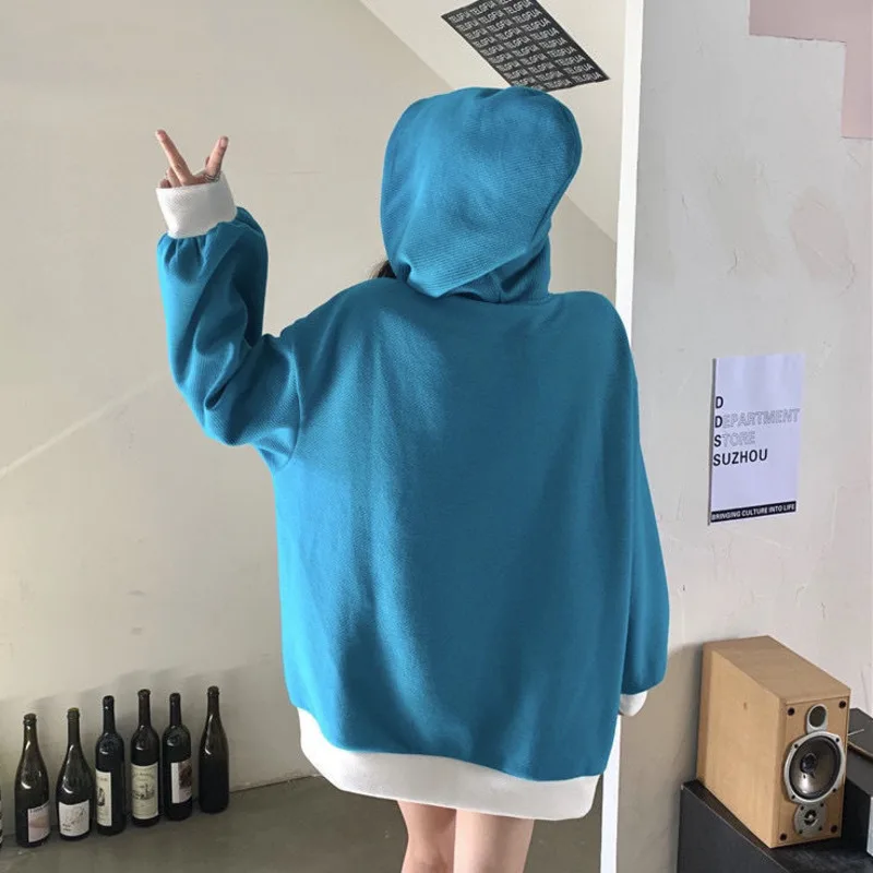 Женская осенне-зимняя Свободная рубашка контрастных цветов с капюшоном и