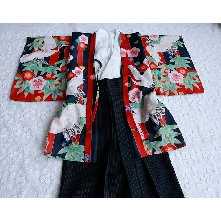 Japanese Traditional Kimono Cardigan Women Haori Jacket Sakura Crane Pattern Hakama Pants Black Kimonos Sets