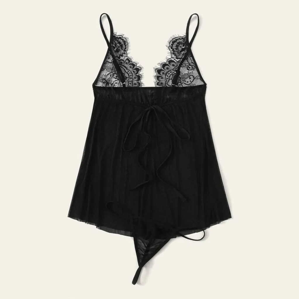 Women Plus Size Lace V-Neck Backless Nightdress Lingerie Set Underwear S-3XL camisola sexy Seksi Bayan Gecelikler Pijama Mujer | Женская