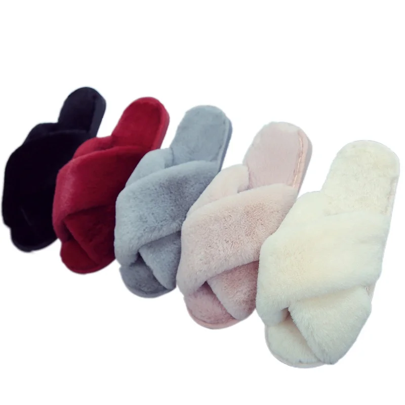 

Cross Fluffy Slippers Women's Autumn and Winter Home Indoor Plush Flat Floor Slippers Open Toe Flip Flops Warm Cotton Slippers