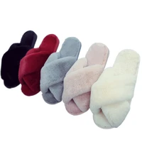 cross fluffy slippers womens autumn and winter home indoor plush flat floor slippers open toe flip flops warm cotton slippers