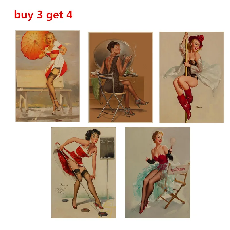 01 Red PIN UP GIRLS of the World War II ретро постер из крафт бумаги в винтажном стиле для кафе