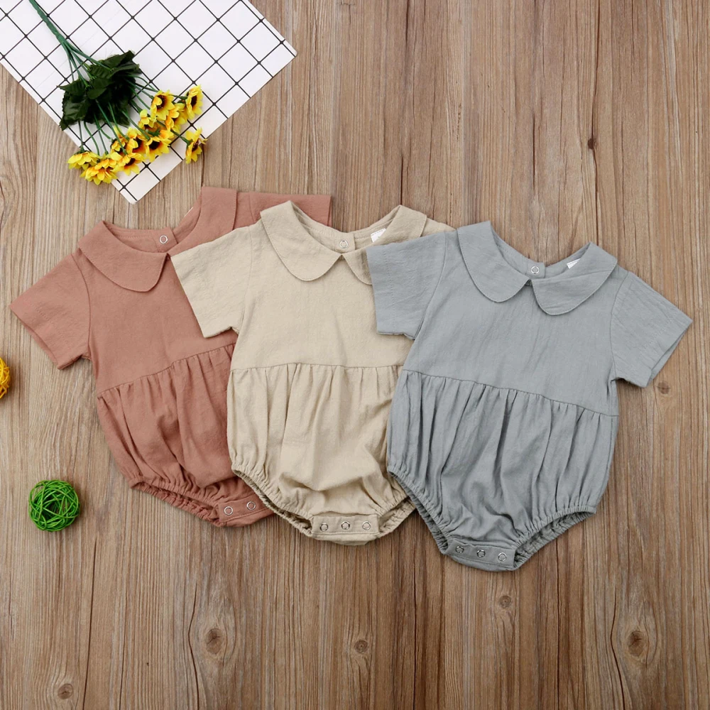 

Newborn Baby Girl Peter pan Collar Solid Romper Summer Short Sleeve Jumper Tops Casual Clothes for 0-18 Months