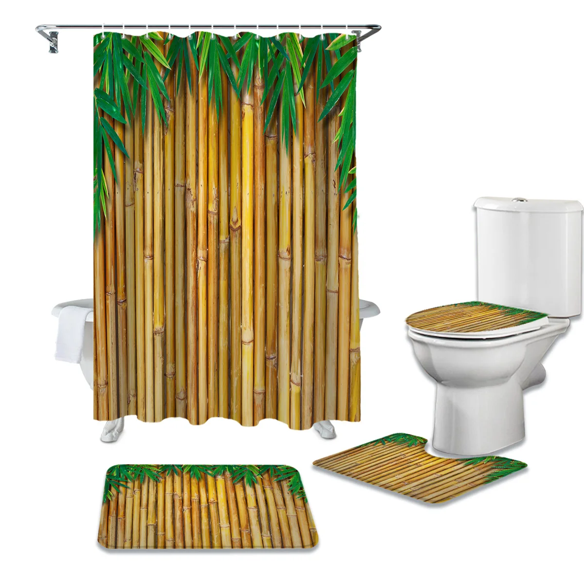 Бамбуковая занавеска для душа с желтыми листьями Набор чехлов унитаза
