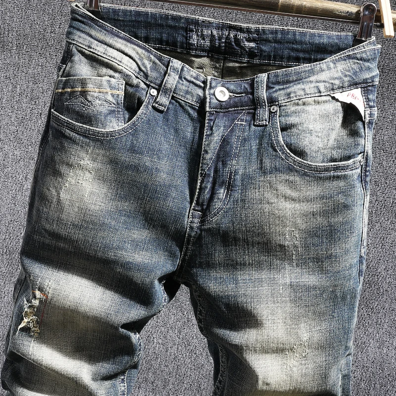 European Vintage Fashion Men Jeans Retro Blue Distressed Washed Slim Fit Ripped Jeans Men Designer Elastic Casual Denim Pants