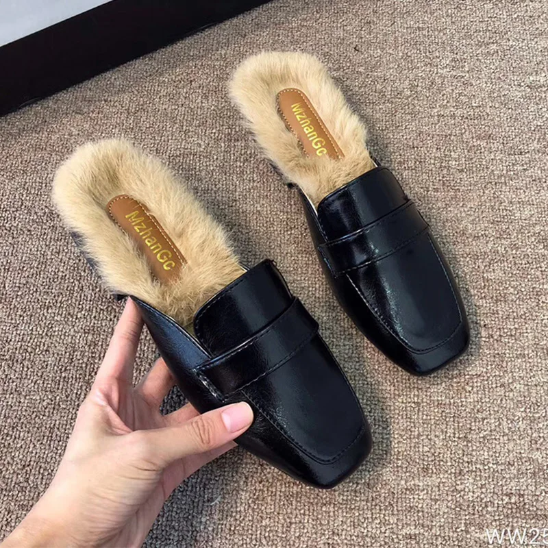 Удобные тапочки с меховыми мюлями женская обувь без застежки пушистые лоферы