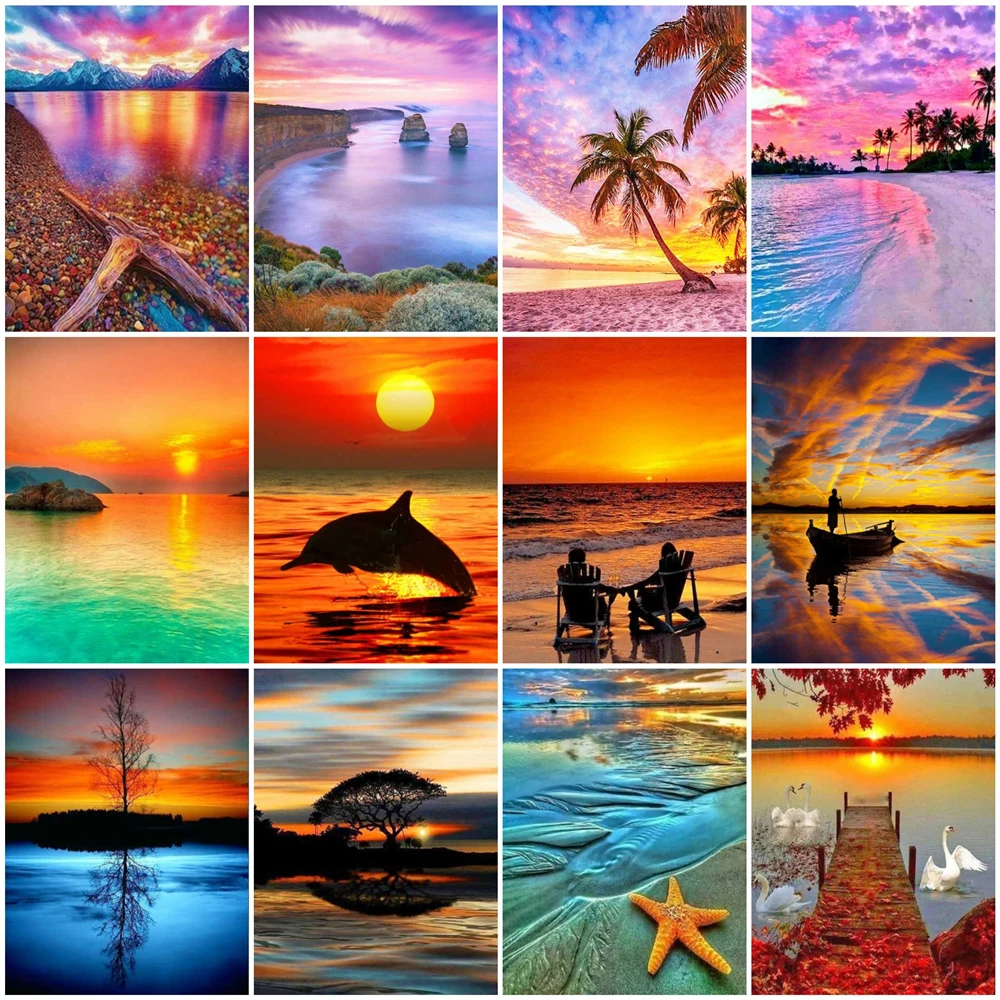 

HUACAN картина маслом морское побережье, закат рисование на холсте Ручная роспись искусство подарок DIY картина по номеру Sunrise наборы домашний д...