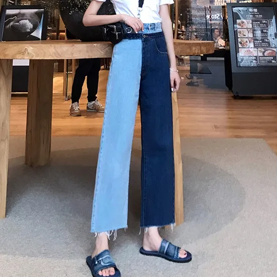 

Black And Blue Contrast Stitching Street Style Jeans Women'S Fashion 2021 New Harajuku Women'S Jeans Straight Nine-Point Pants