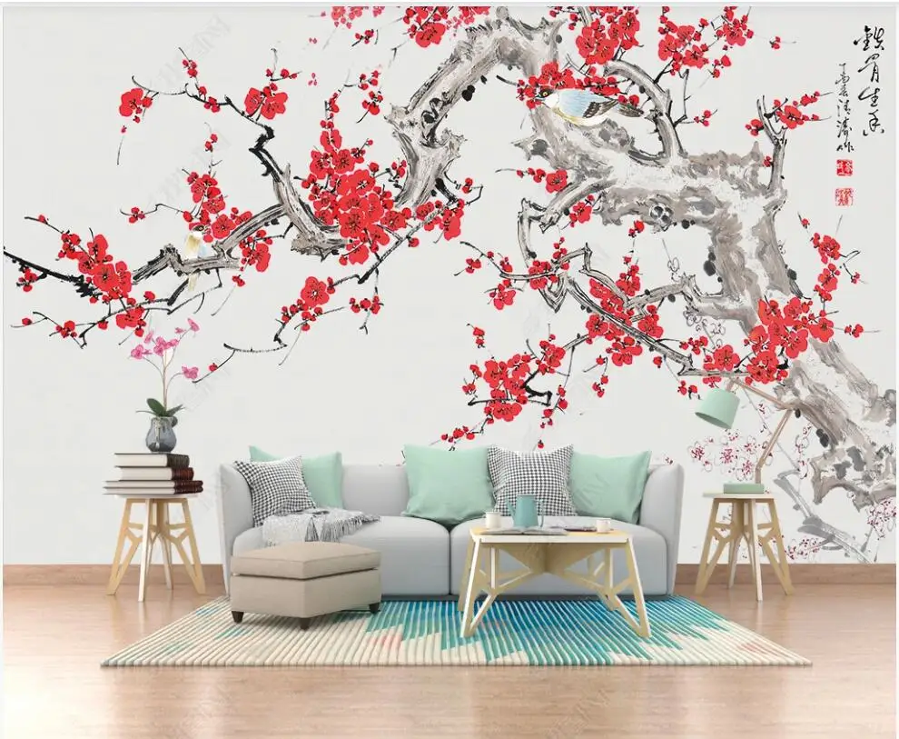 

Настенные 3D-обои на заказ для стен спальни, живопись в китайском стиле, цветение сливы, домашний декор, фотообои в гостиной
